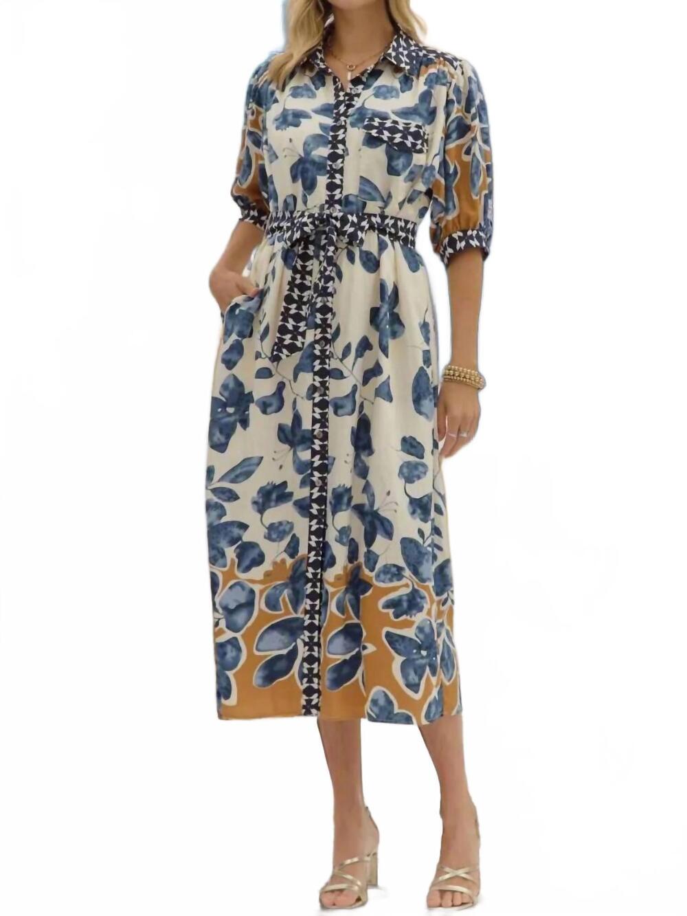 NEW ENTRO botanical midi shirt dress with tie waist in slate blue
